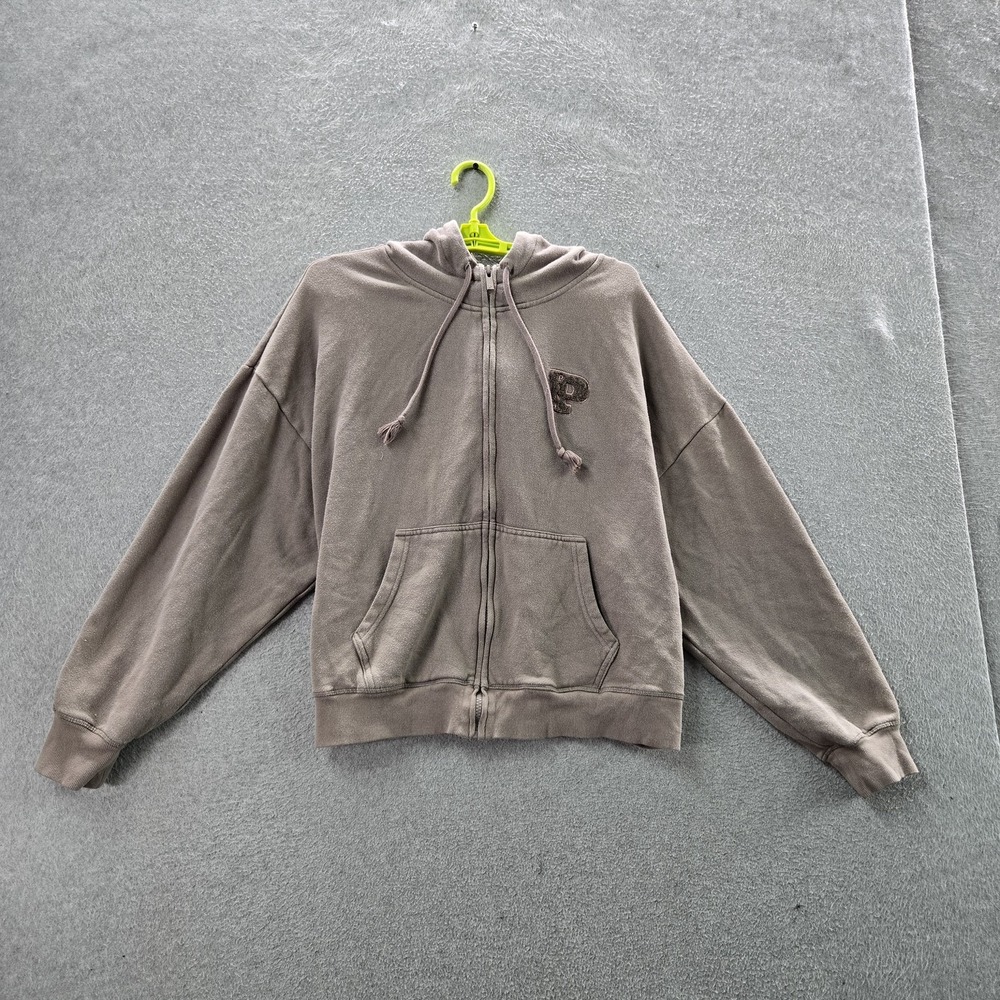 PINK Victoria's Secret Women Hoodie L Taupe Embroidered Campus Crest Varsity